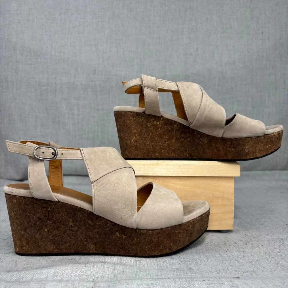 Coclico Melania Cork Wedge Sandals Beige Nubuck Slingback Platform EU 39